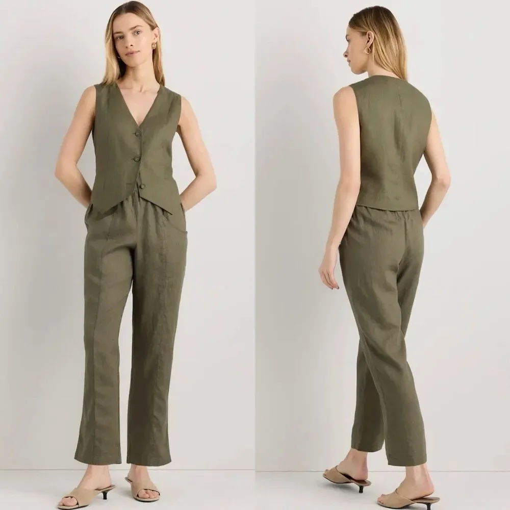 Quince 100% European Linen Ankle Tapered Pants Medium Olive High Waist Versatile
